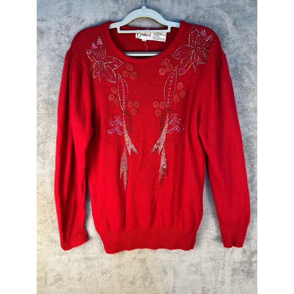 VTG Carducci Lambswool Angora Sweater Small Red Beaded Embroidered Valentines